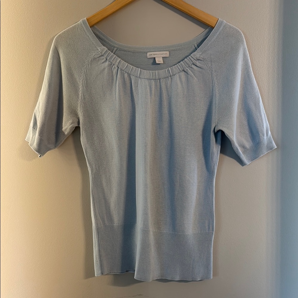 New York & Company Light Blue Fitted Short Sleeve Sweater